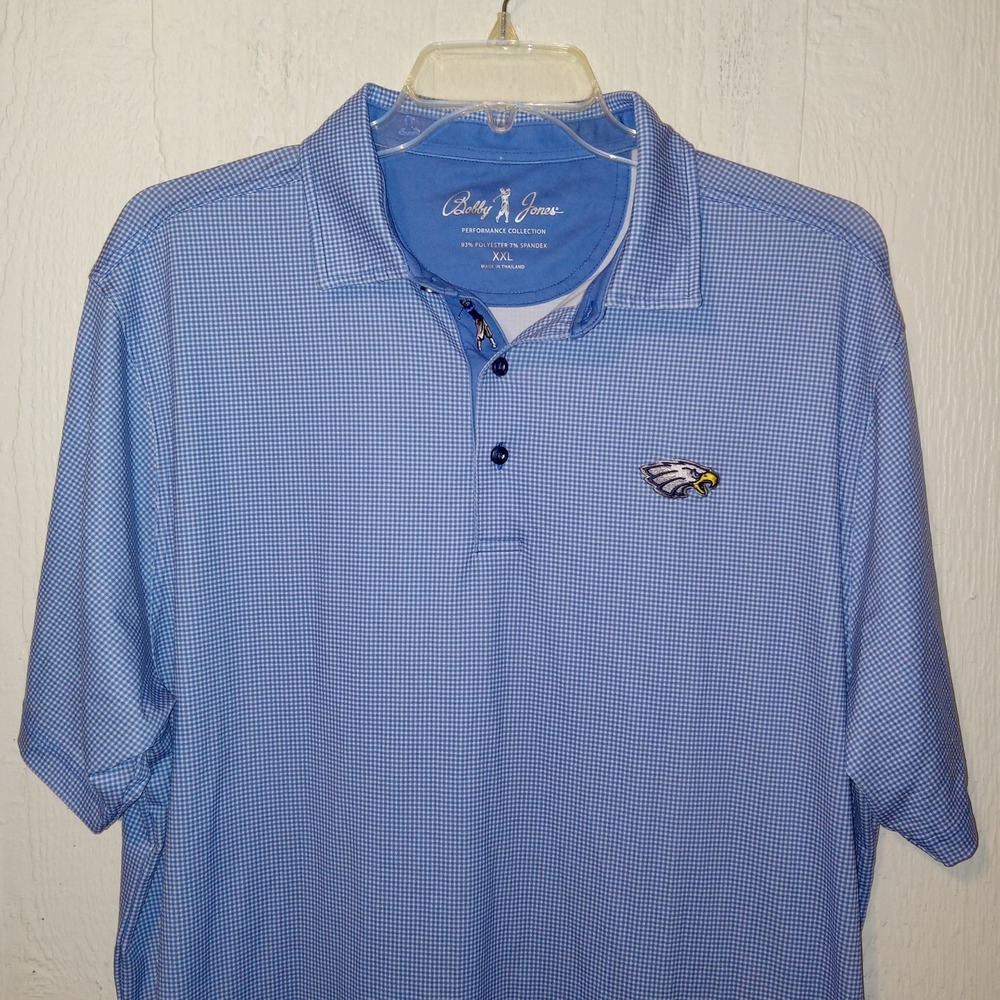Bobby Jones Polo Shirt Mens XXL Blue Gingham Performance Stretch Eagle Golf